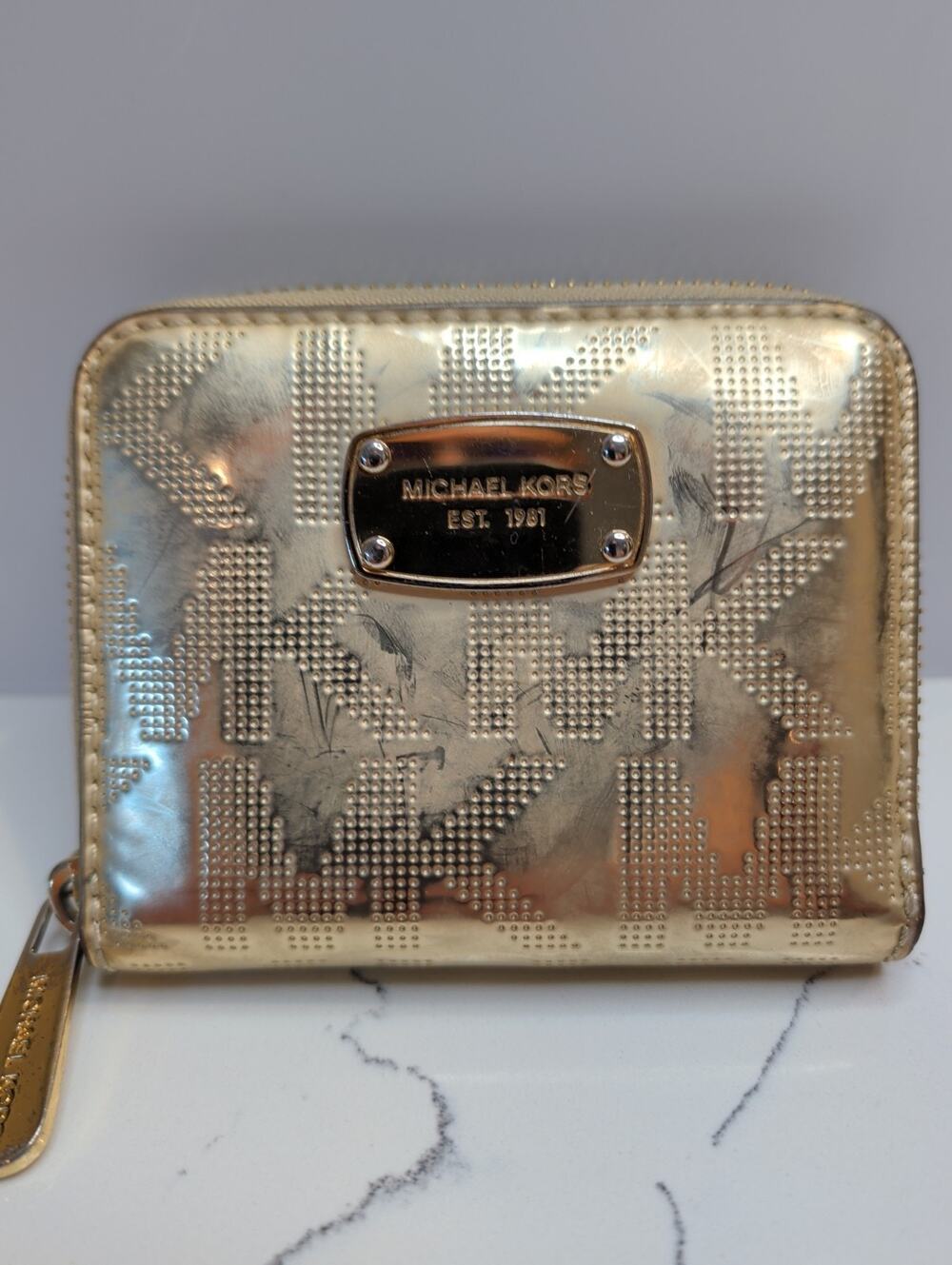 Michael Kors Gold Metallic Mirror Monogram Zip Around Wallet - Small, Shows Wear